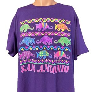 Vintage San Antonio Texas Multicolor Armadillo Purple Shirt Size Large